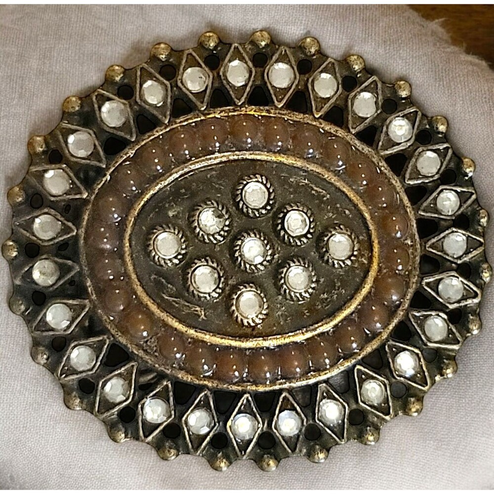 Vintage Gold Brass Tone Metal Boho Western Belt Buckle Rhinestones Westerncore